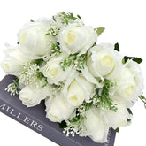 Huitich artificial white flower arrangement featuring realistic white roses with green leaves